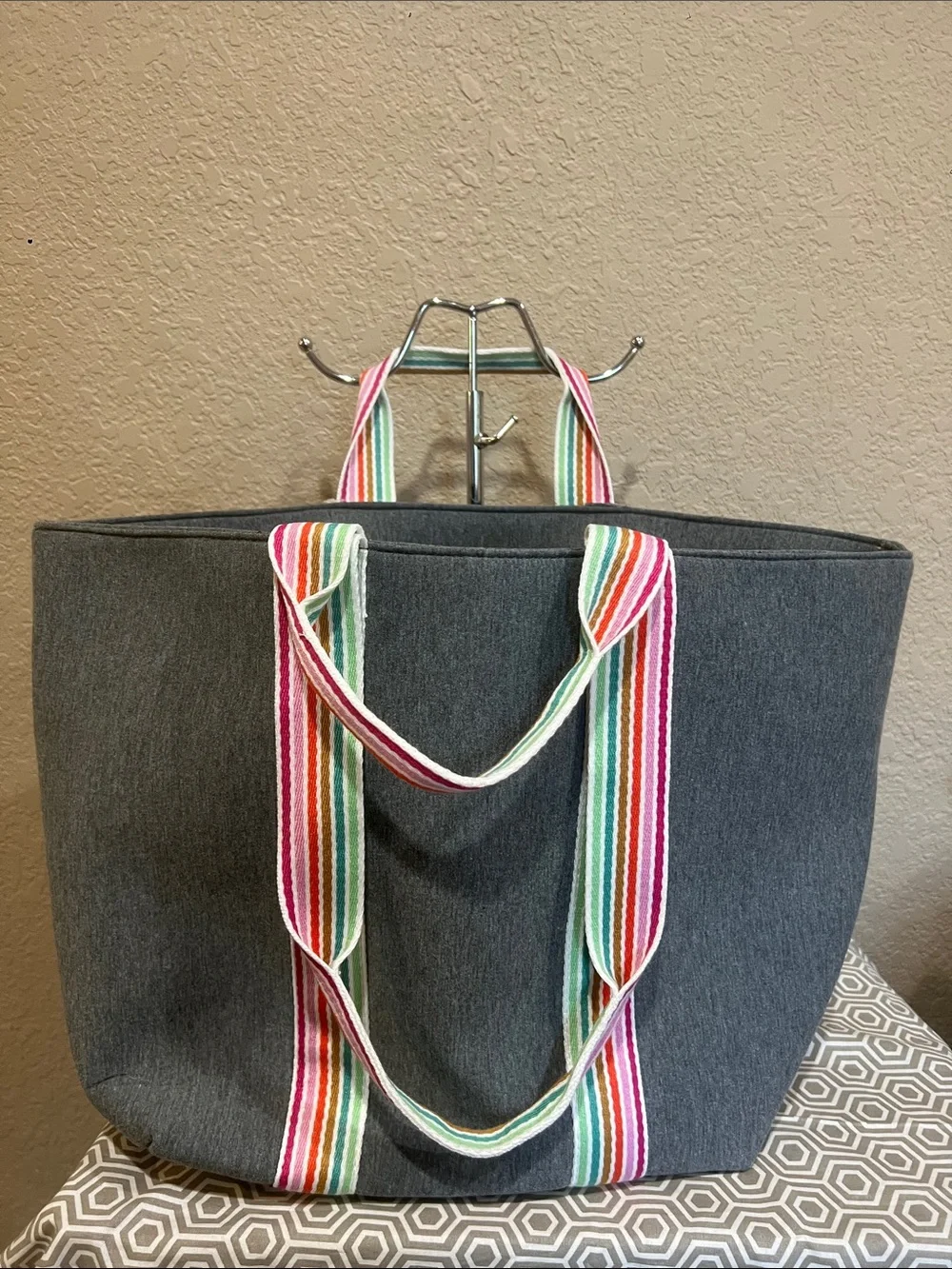 Wildfox Gray Tote with Rainbow Stripe Handles
